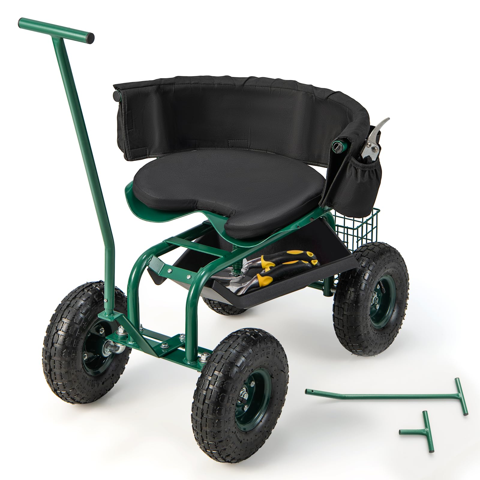 Rolling Garden Cart, Garden Scooter with Seat & Tool Storage, 2 Steering Handles