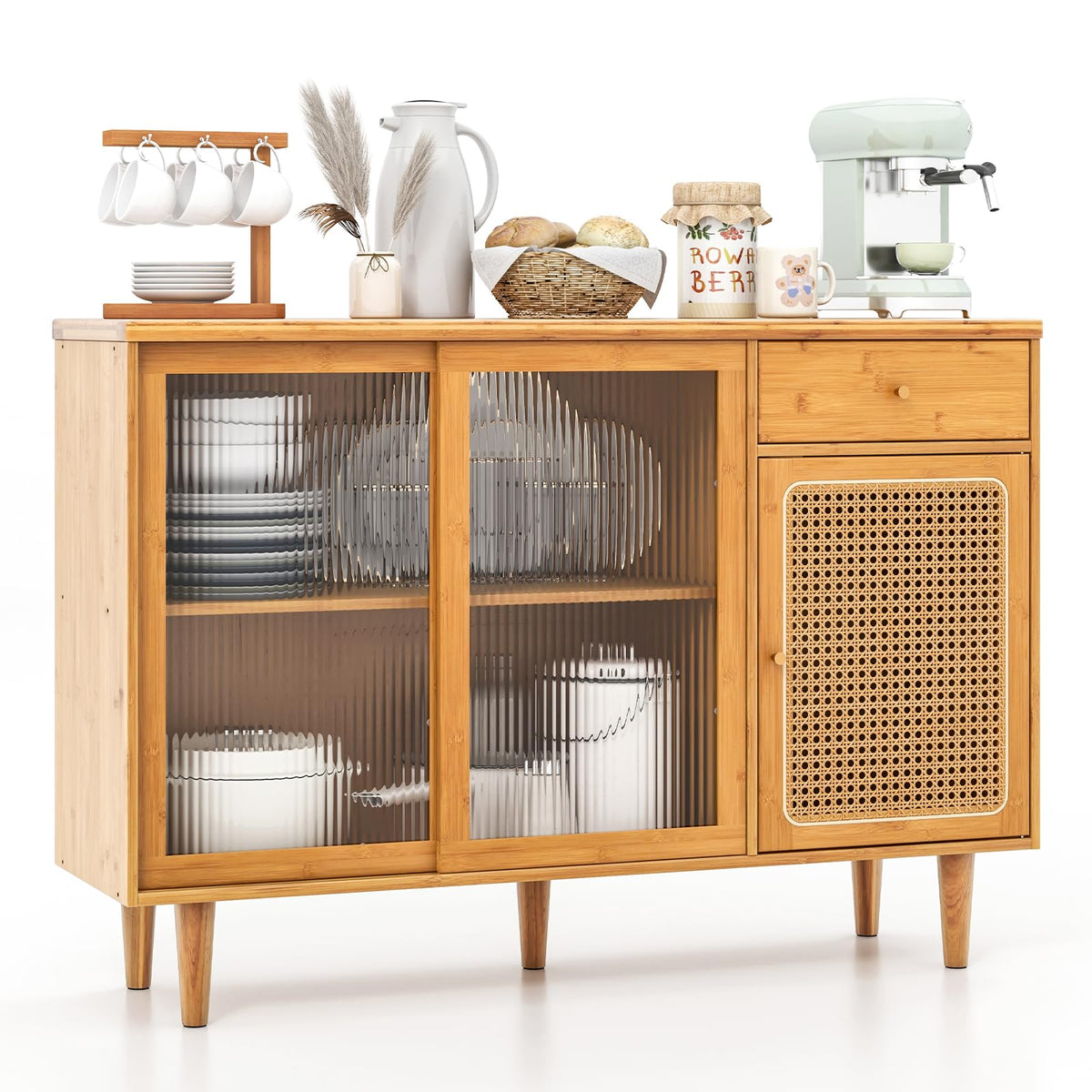 Giantex Buffet Sideboard, Mid Century Modern Bamboo Storage Cabinet w/Tempered Glass Sliding Doors