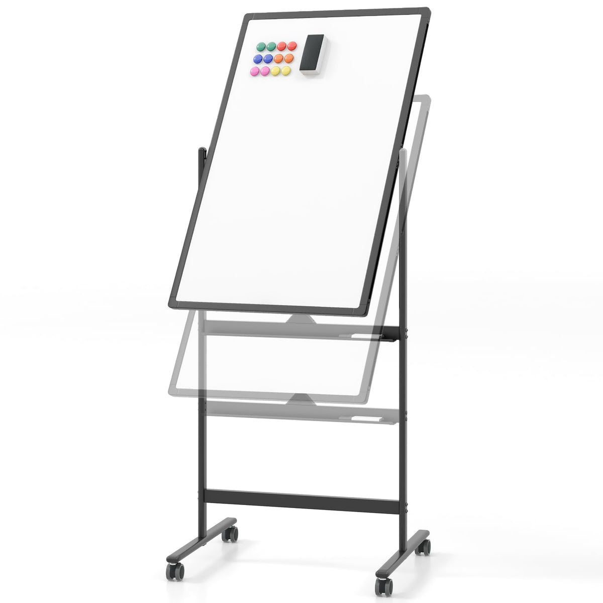 Mobile Magnetic Double-Sided Reversible Whiteboard, 360° Rolling Dry Erase Board w/Markers