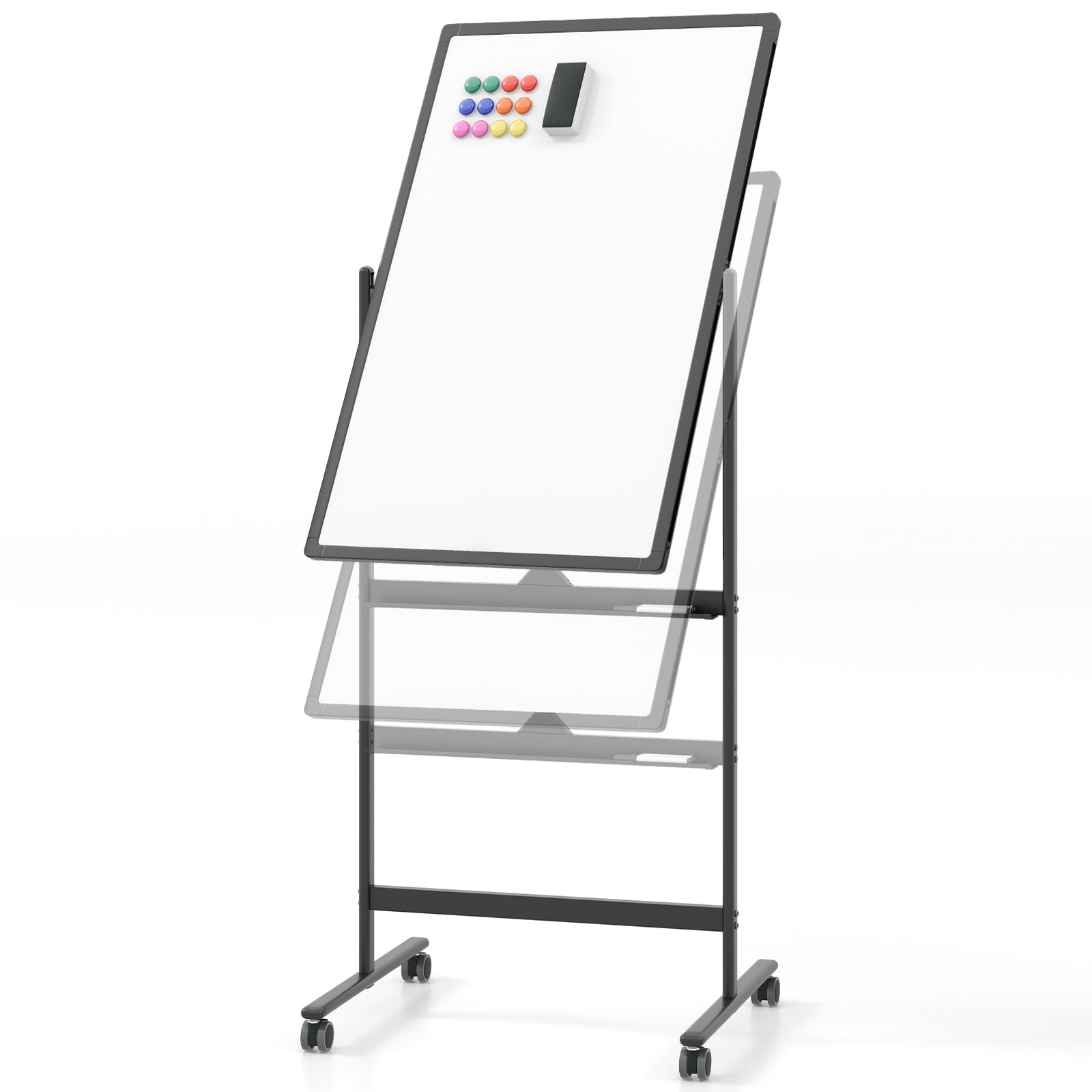 Mobile Magnetic Double-Sided Reversible Whiteboard, 360° Rolling Dry Erase Board w/Markers