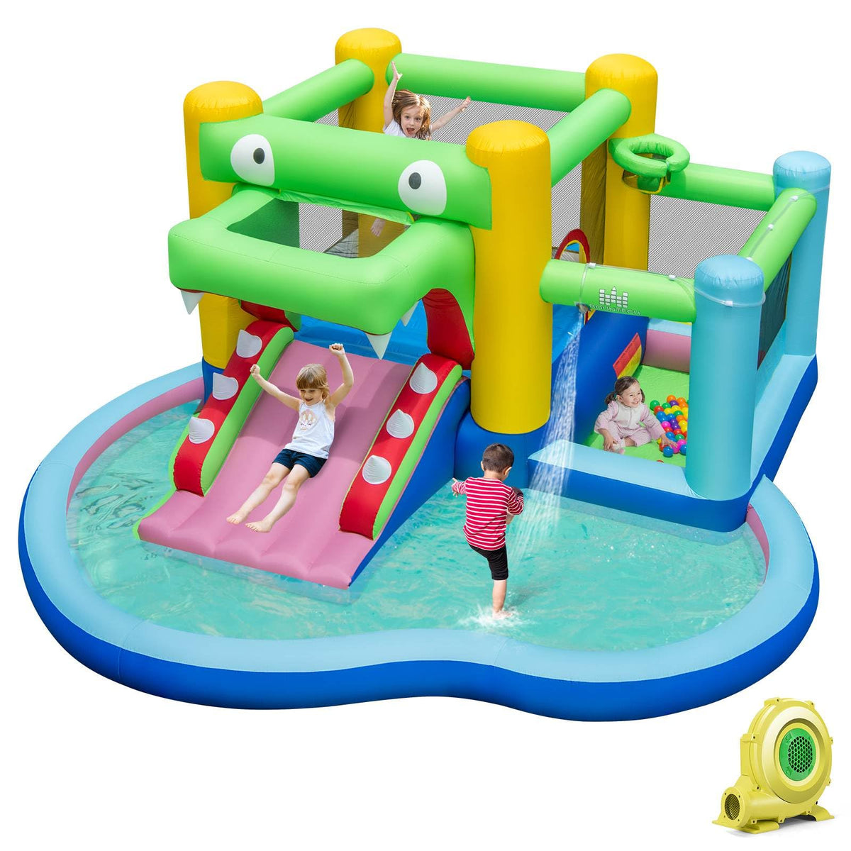 5-in-1 Inflatable Bounce House with Slide and Ocean Balls with 680W Blower