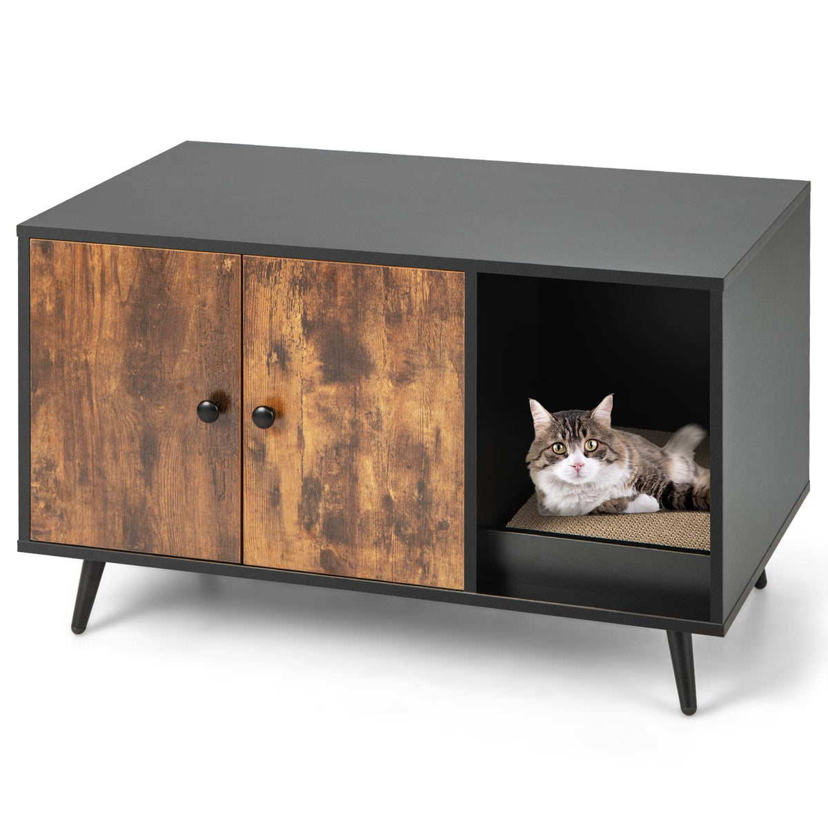 Wooden Cat Litter Box Enclosure, Hidden Cat Box Cabinet Furniture w/Doors, Removable Scratch Box