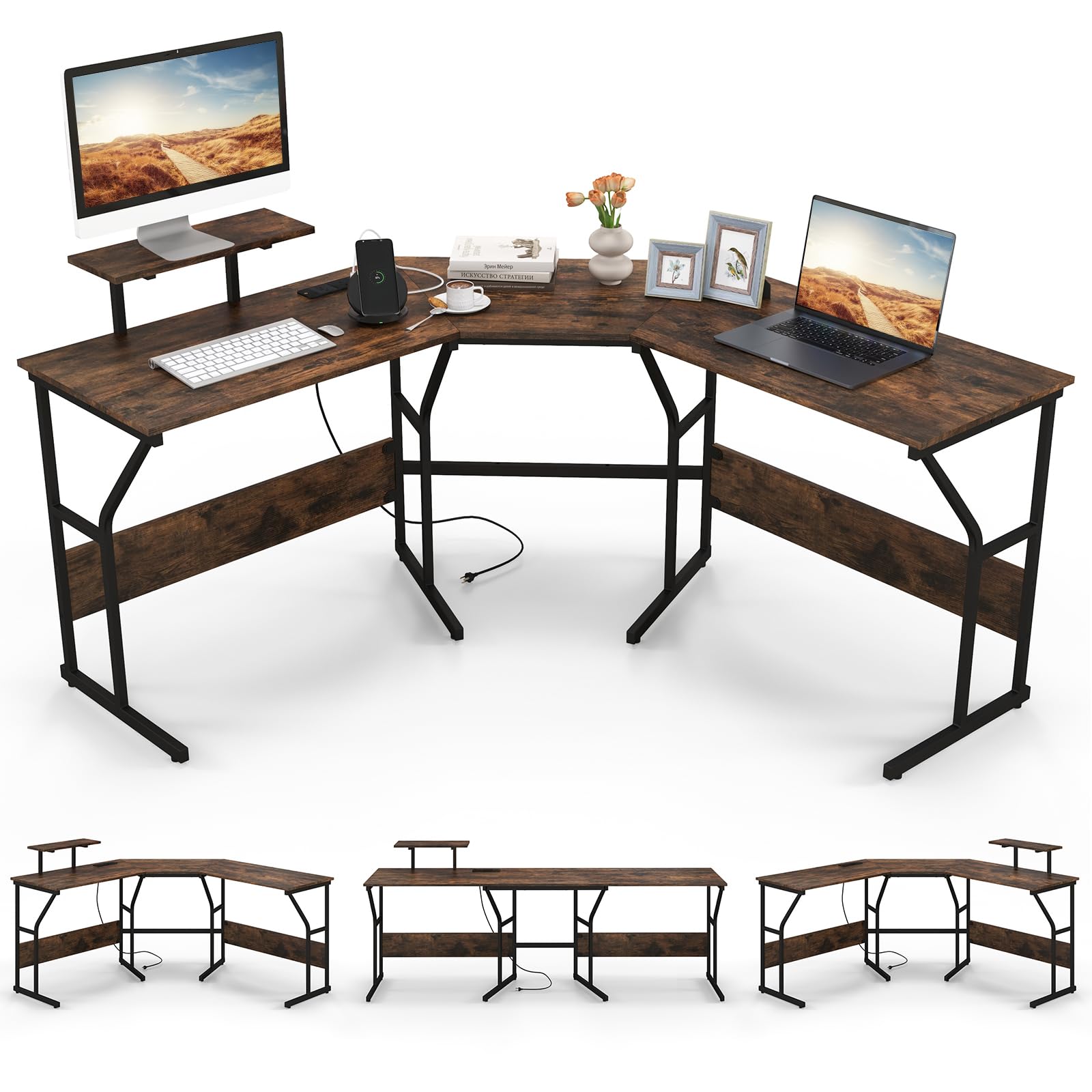 225cm L-Shaped Desk Corner Computer Desk Workstation w/Power Outlet Home Office