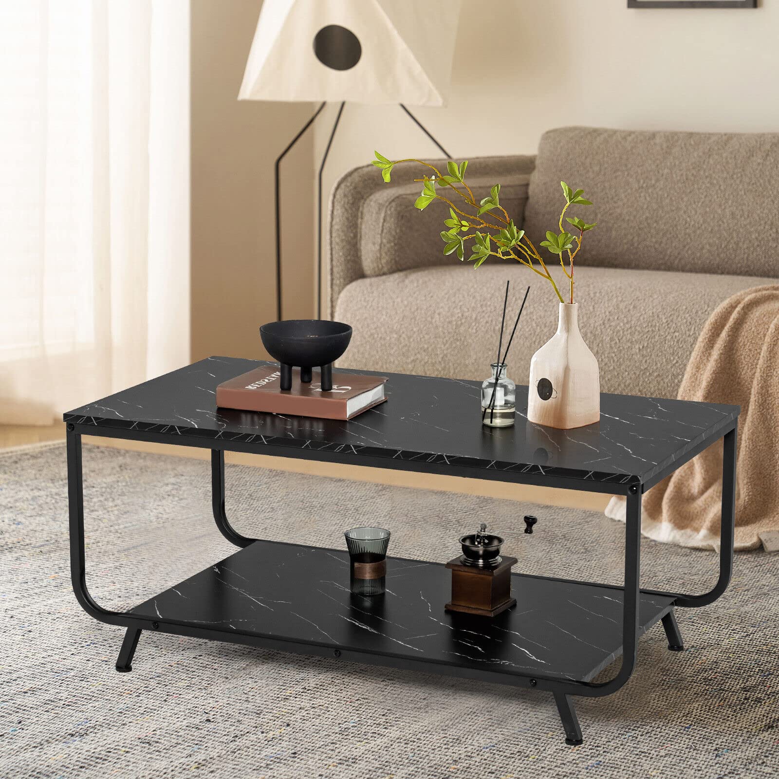 Giantex Marble Coffee Table, Modern Faux Marble Top Coffee Table w/Metal Frame