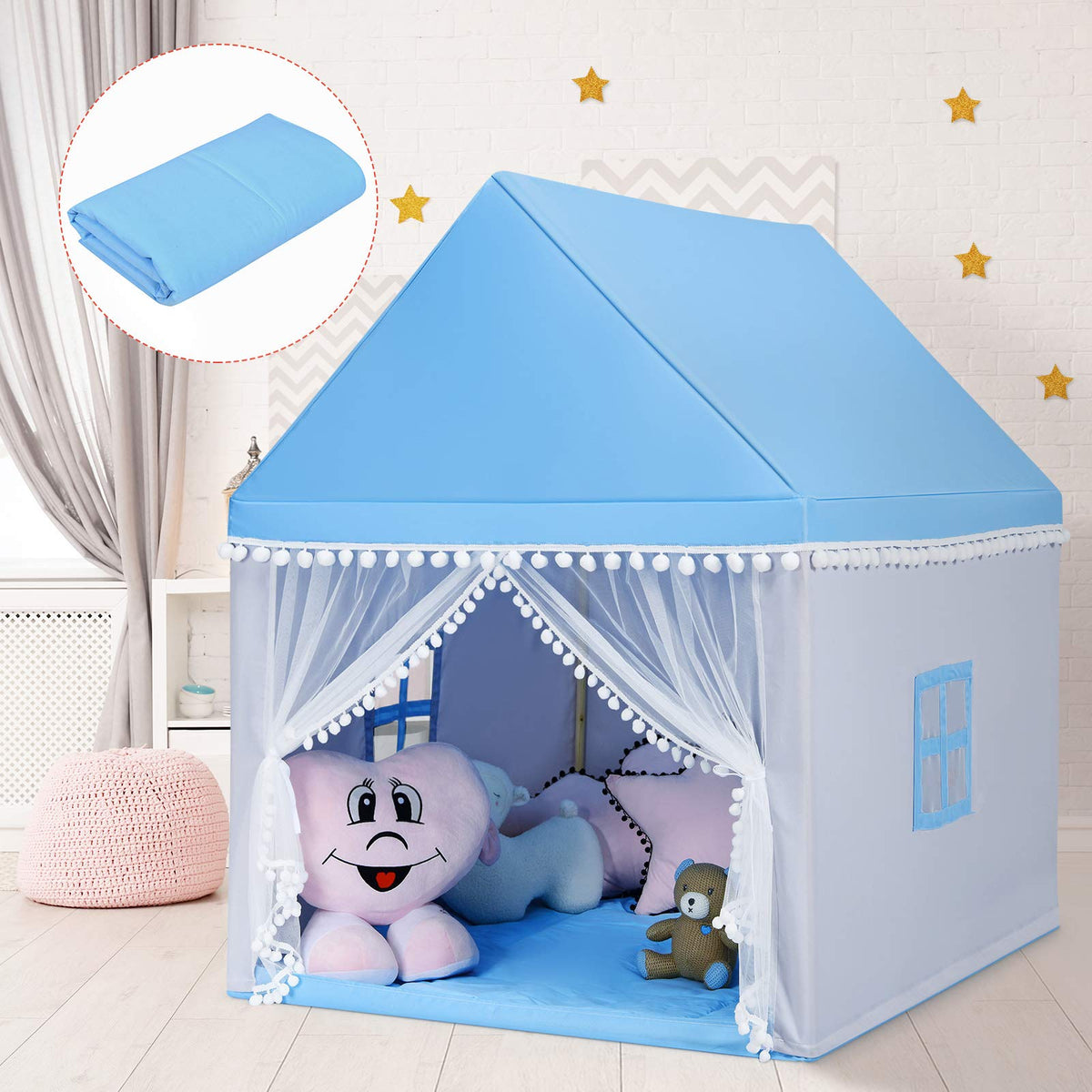 BABY JOY Kids Play Tent, Children Play House w/Solid Wood Frame & Cotton Mat