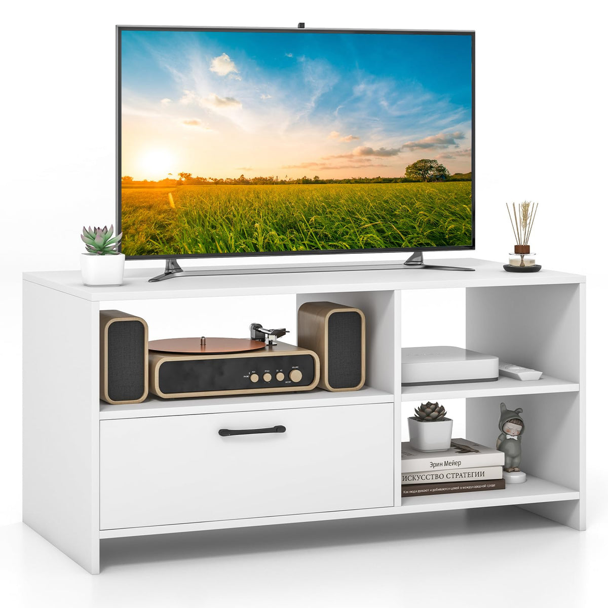 Giantex TV Stand for TVs up to 50", Modern Media Console Table w/ 3 Open Compartments & 1 Storage Drawer