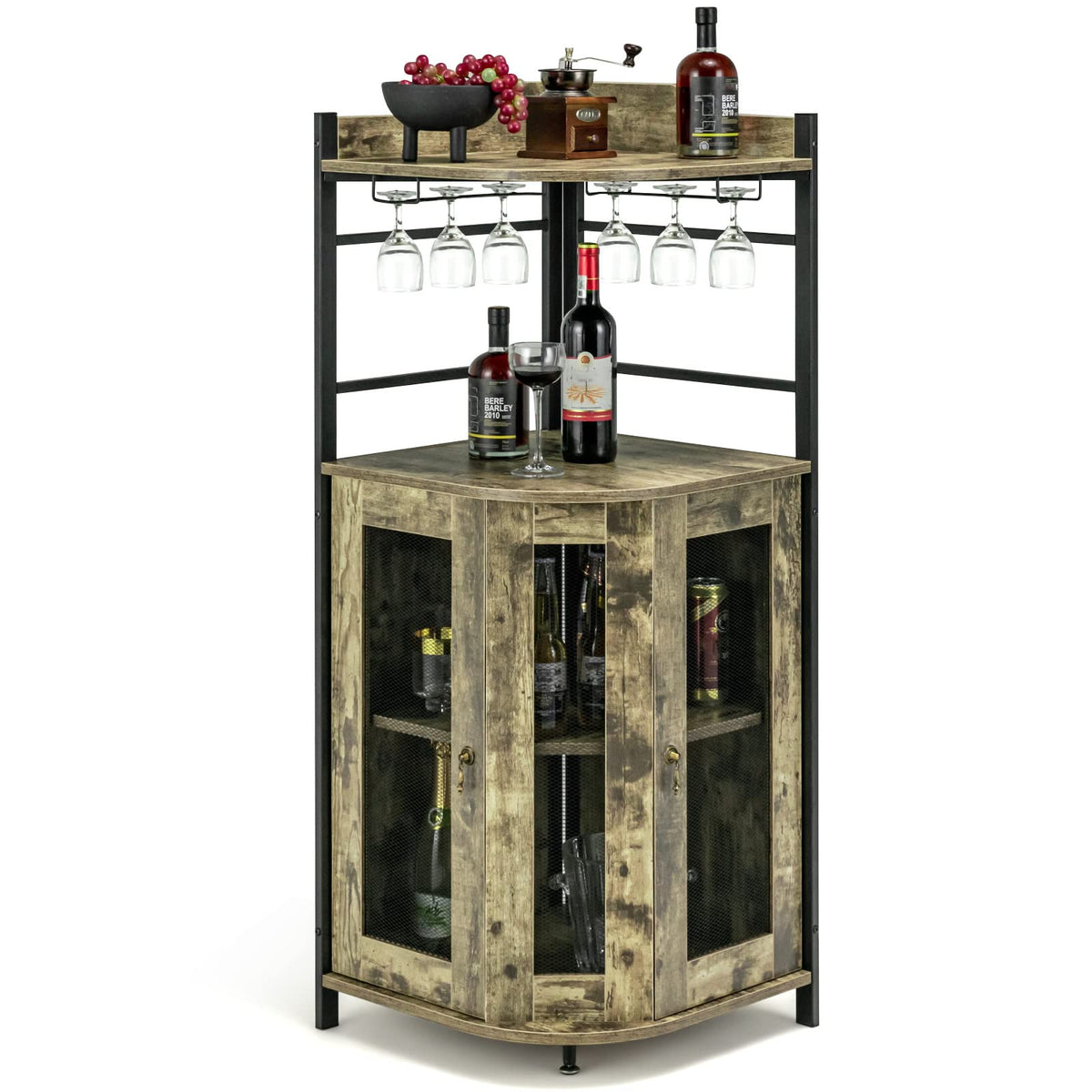 Giantex Corner Bar Cabinet with Glass Holder, Industrial Wine Cabinet with Metal Mesh Doors