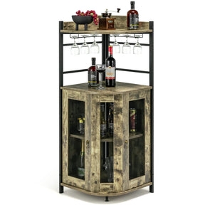 Giantex Corner Bar Cabinet with Glass Holder, Industrial Wine Cabinet with Metal Mesh Doors