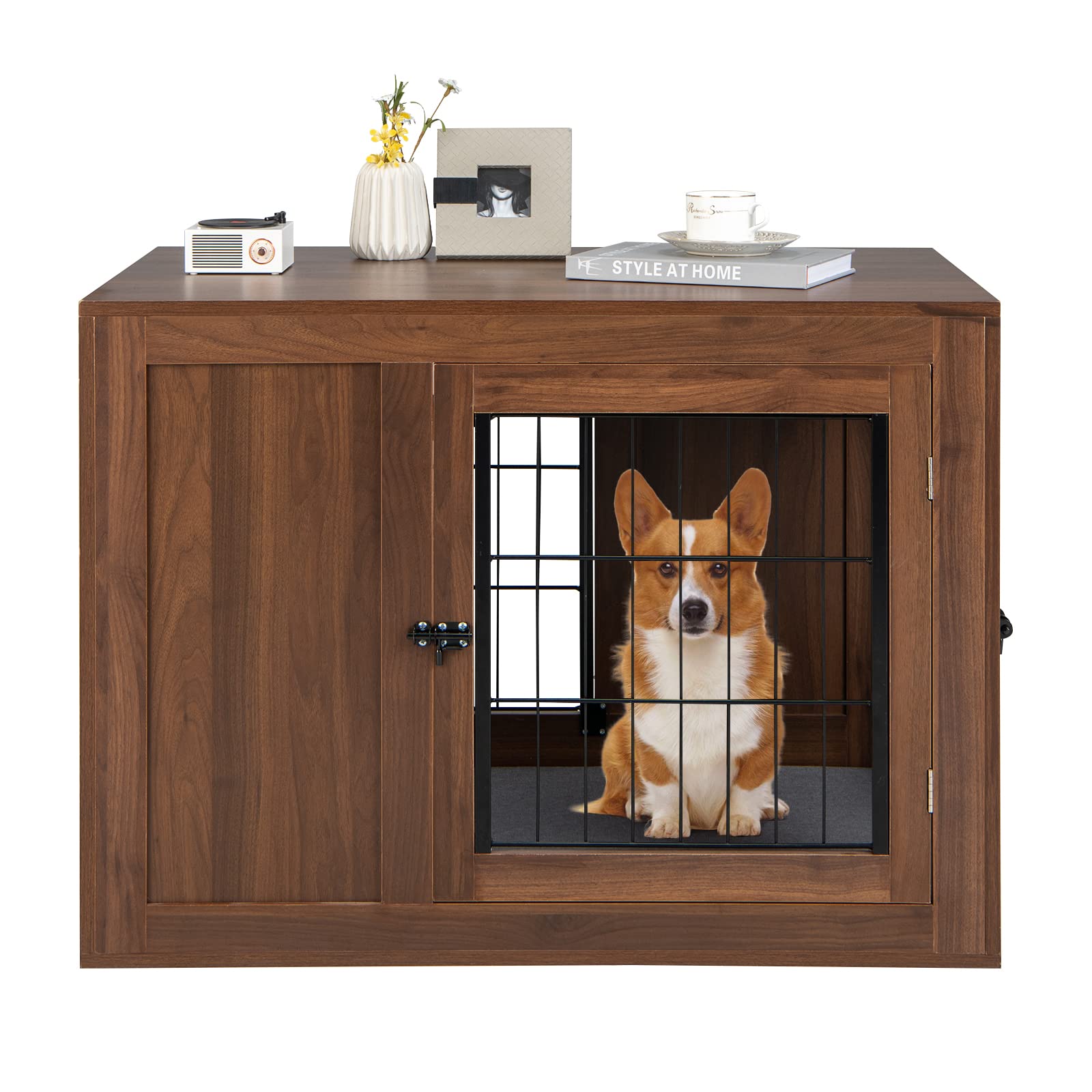 Furniture Dog Crate, Pet Crate End Table w/Cushion, Double Doors, Mesh, Indoor Use Dog Cage House