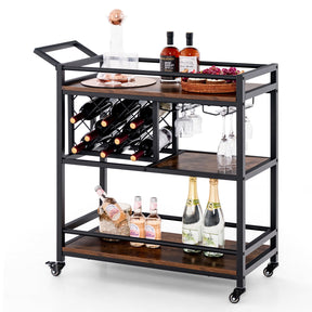 Giantex 3-Tier Bar Cart on Wheels Serving Cart w/Wine Rack & Glasses Holder