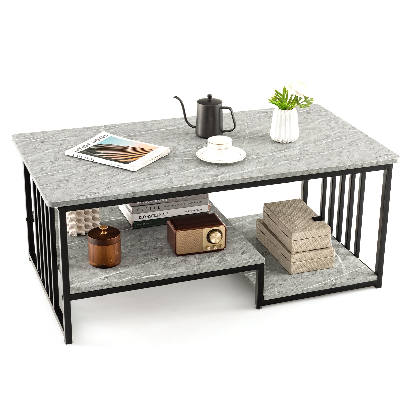 Giantex Faux Marble Coffee Table, Rectangular 2-Tier Center Table with Open Storage Shelf