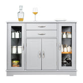 Buffet Cabinet, Sideboard w/Glass Doors, 2 Drawers & 3 Cabinets, Wooden Kitchen Cupboard
