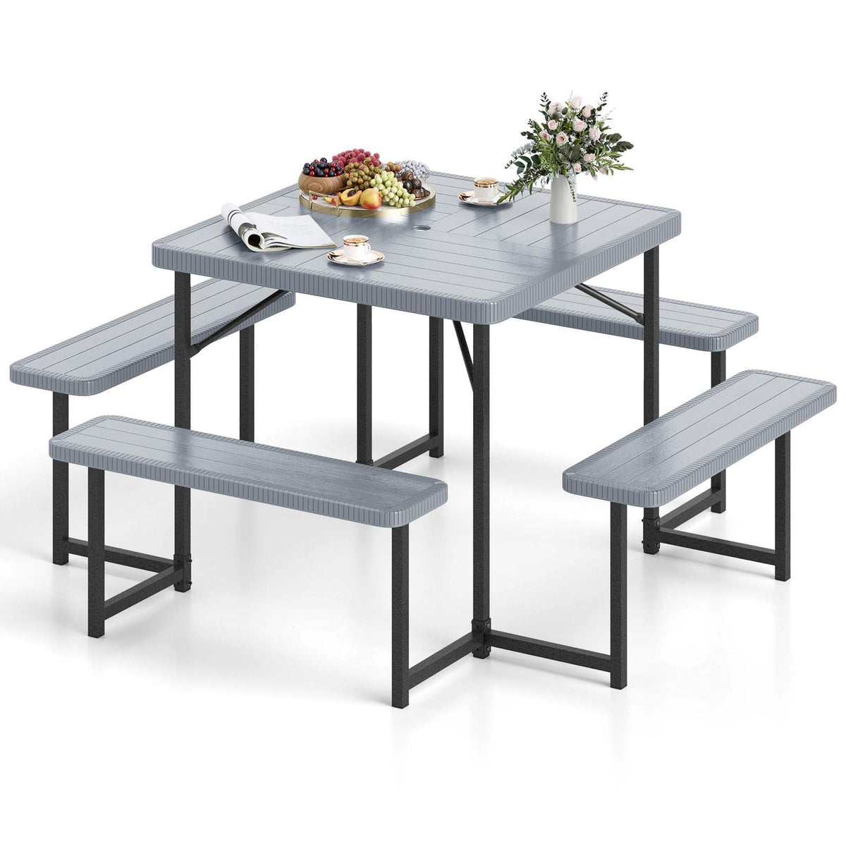 Outdoor Square Camping Dining Table & 4 Benches w/Umbrella Hole