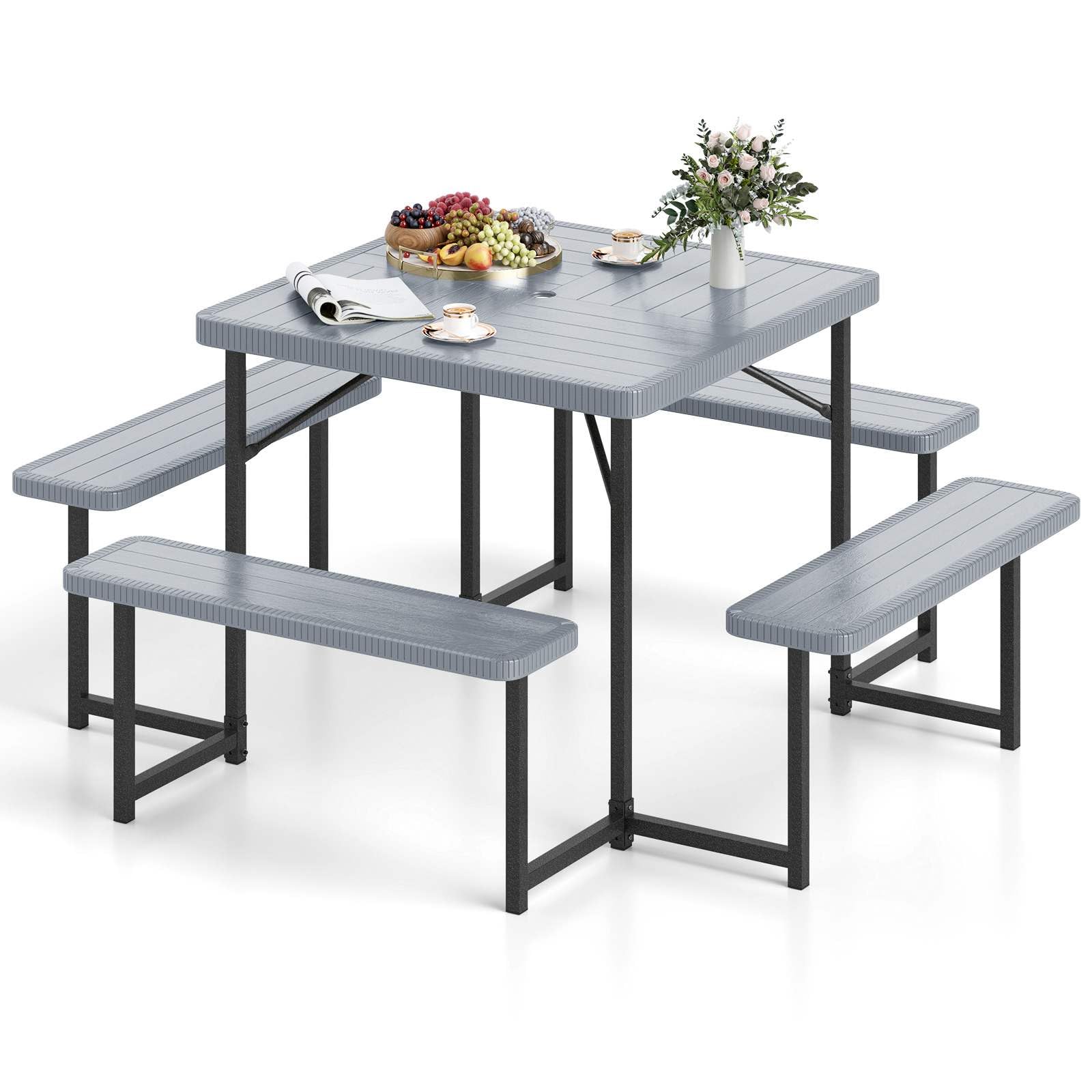 Outdoor Square Camping Dining Table & 4 Benches w/Umbrella Hole