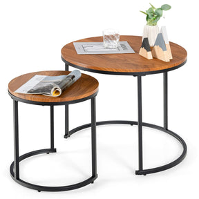 Giantex Set of 2 Compact Stacking Side Tables w/Wooden Tabletop & Powder-Coated Steel Frame