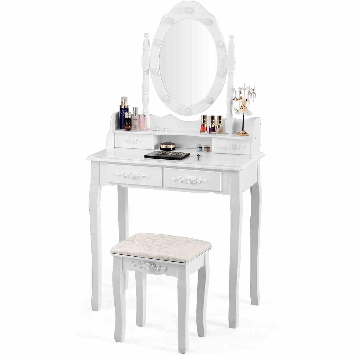 Makeup Vanity Set with Rotating Mirror and 10 LED Dimmable Bulbs