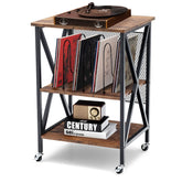 Giantex 3-Tier End Table, Rolling Turntable Stand, Rustic Vinyl Record Storage Holder w/ 3 Dividers for Albums