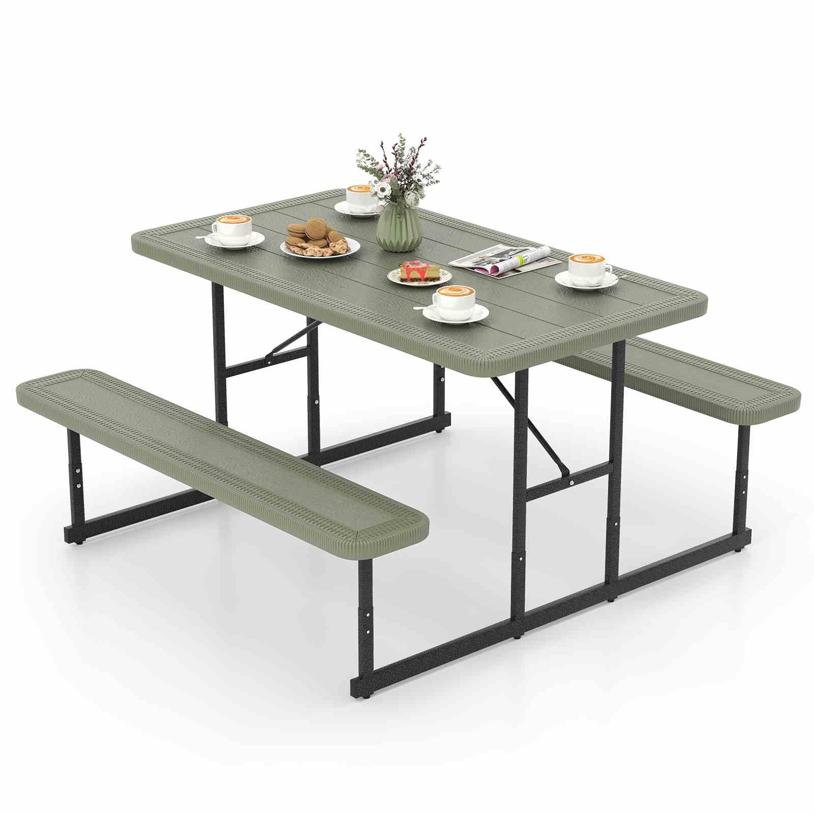 Outdoor Rectangular Camping Dining Table & 2 Benches w/Umbrella Hole