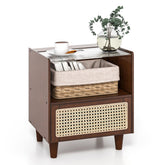 Giantex Bamboo Rattan Nightstand, Boho Bedside Table with Drawer and Solid Wood Legs