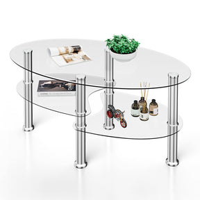 Giantex Tempered Glass Coffee Table, 3-Tire Modern Oval Tea Table, Smooth End Table with Open Storage Shelf