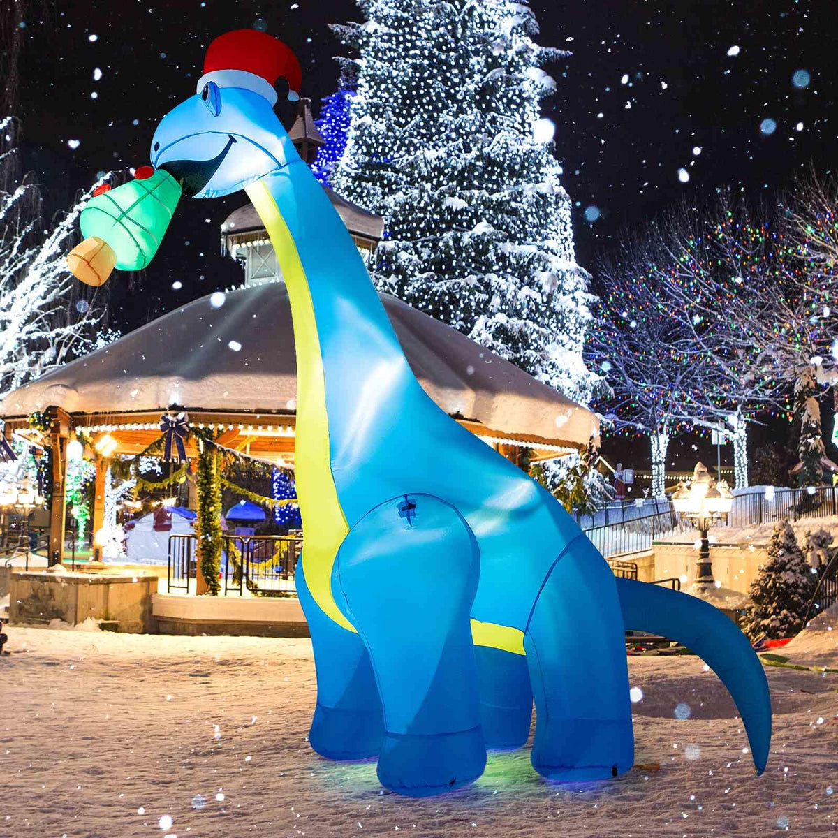 3.1M Christmas Inflatable Lighted Green Dinosaur with Hat