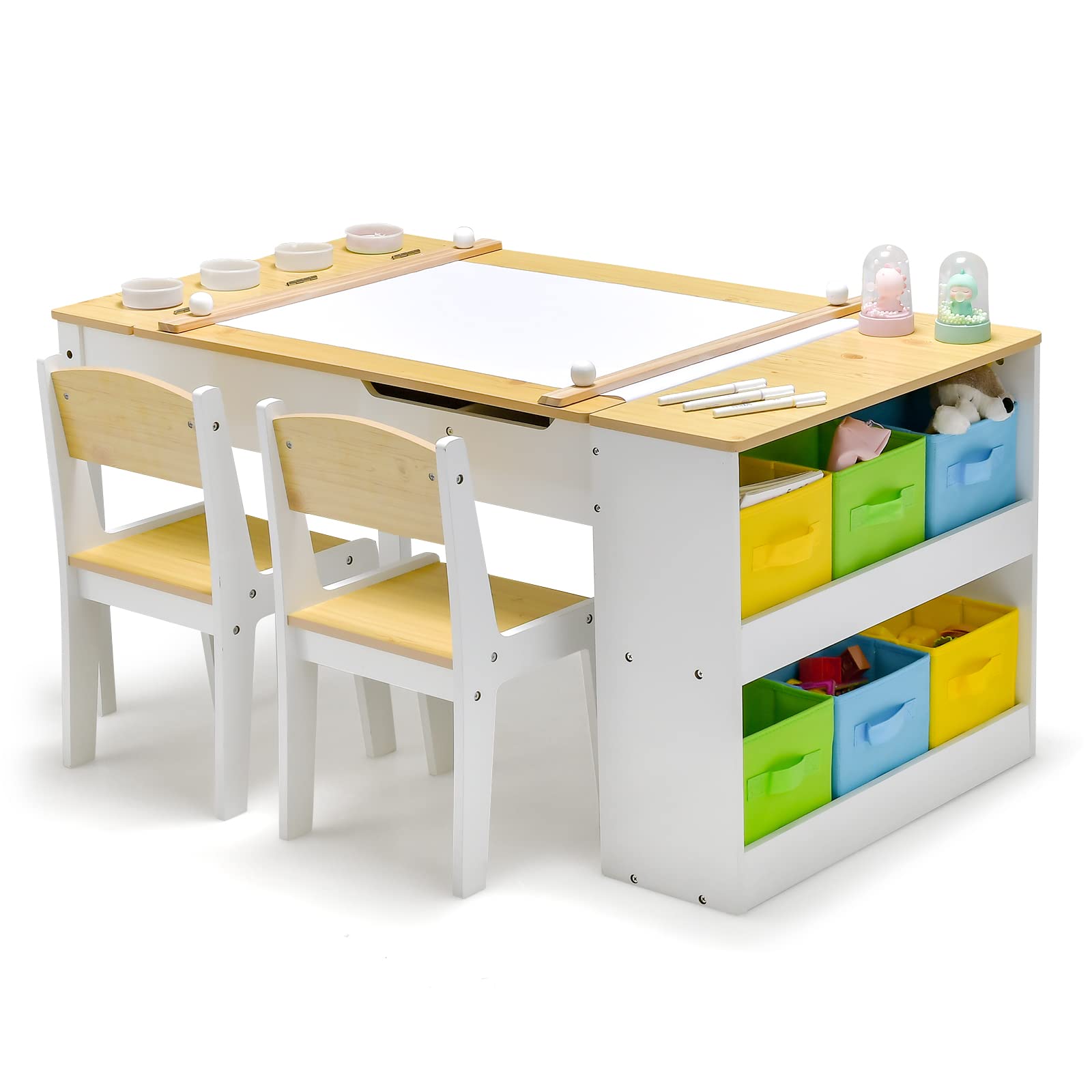 Kids Table and Chairs Set, 2 in 1 Wooden Art Table & Easel Set for Children with 2 Chairs