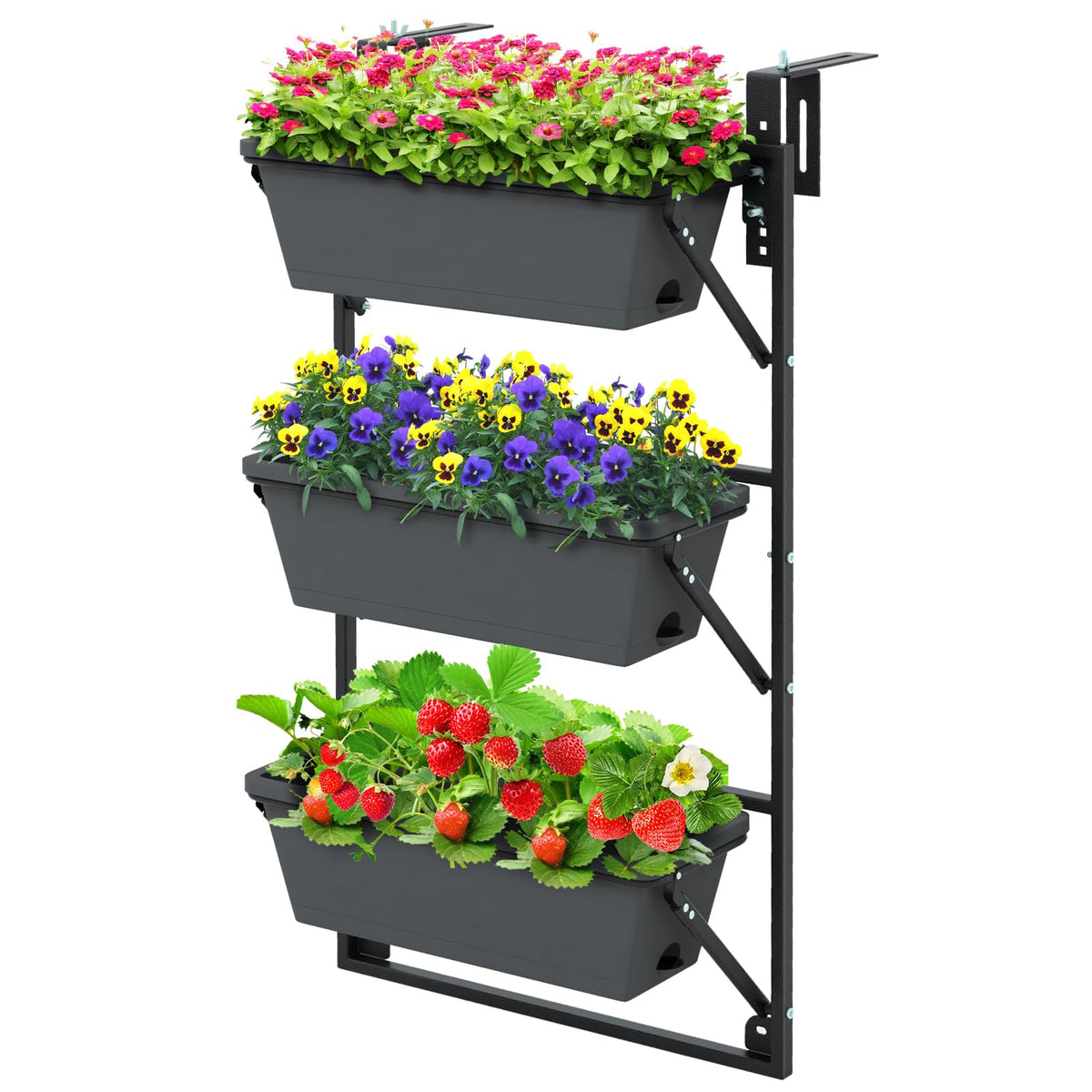 Hanging Vertical Planter, Self-Watering Wall-Mounted Adjustable Railing Planter with 3 Planter Boxes & Detachable Hooks for Flowers