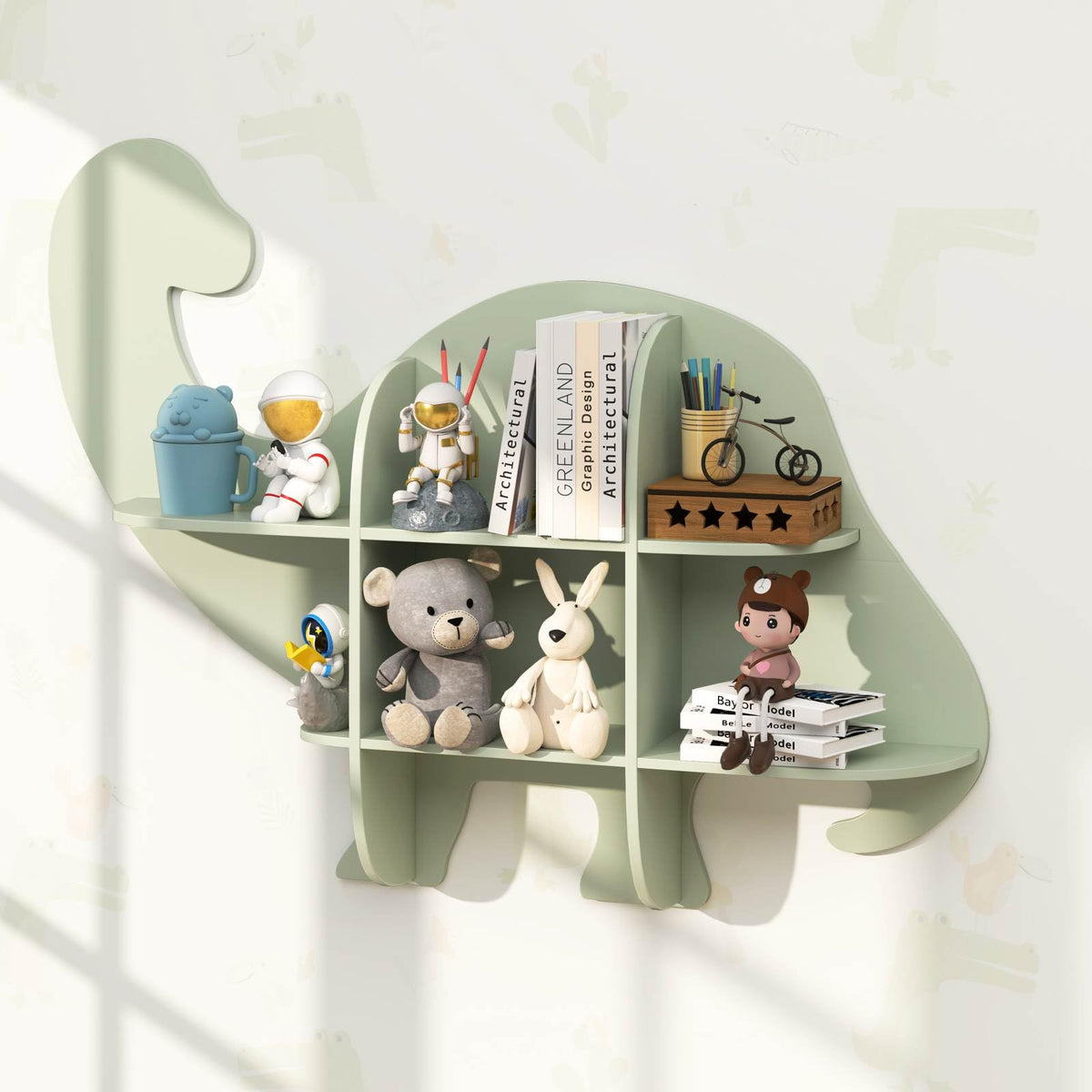 Floating Dinosaur Kids Bookshelf, 2-Tier Wooden Hanging Bookcase for Children