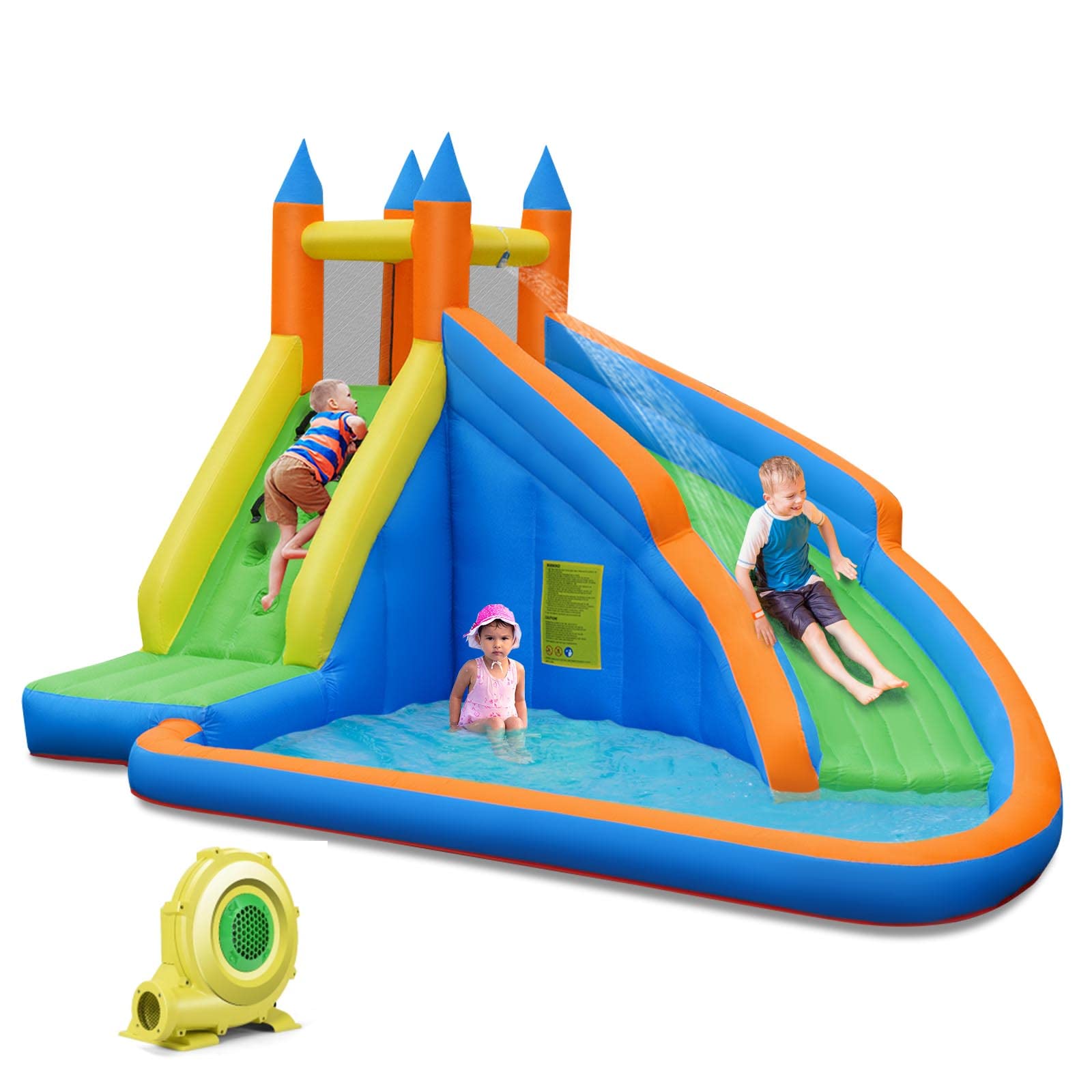 Inflatable Water Slide Bouncer, Children Wet & Dry Bounce House with Climbing Wall (with 450W Blower)