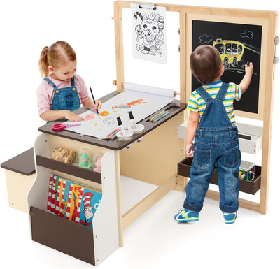 Hikidspace Easel for Kids Wooden Art Easel with Double-Sided Blackboard & Whiteboard, Paper Roll for Drawing