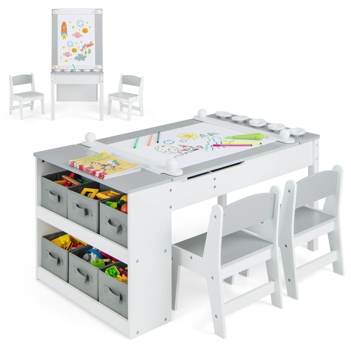 HONEY JOY Kids Table and Chairs Set, 2 in 1 Wooden Art Table & Easel Set for Children with 2 Chairs, 6 Storage Bins