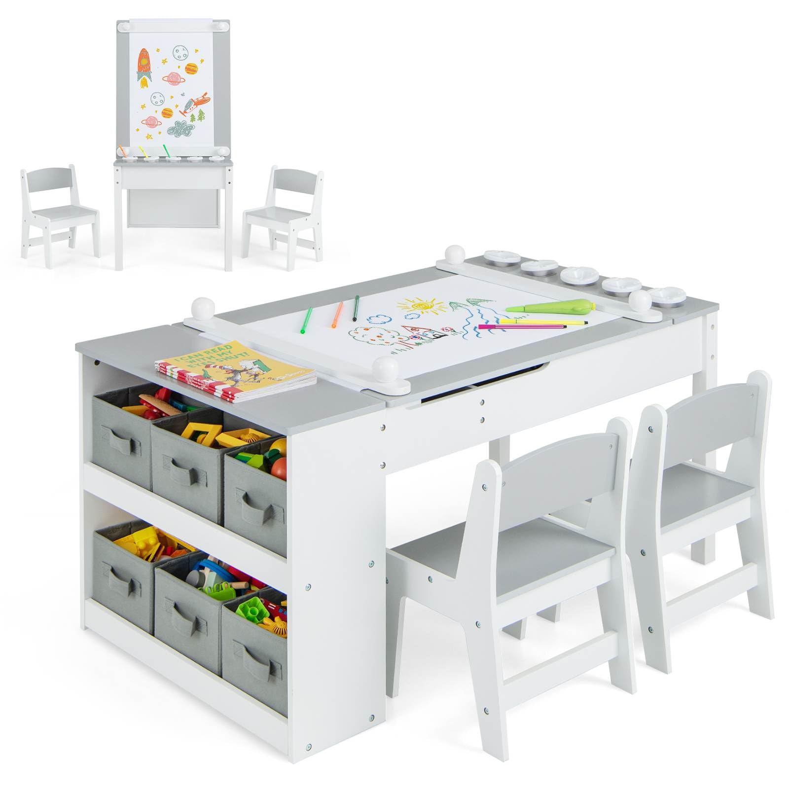 HONEY JOY Kids Table and Chairs Set, 2 in 1 Wooden Art Table & Easel Set for Children with 2 Chairs, 6 Storage Bins