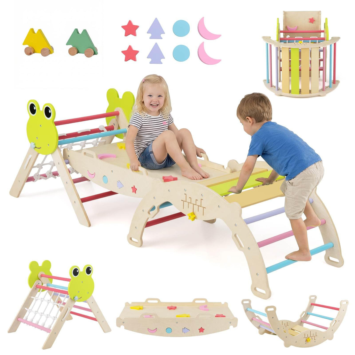 8-in-1 Wooden Triangle Set, Foldable Montessori Climbing Toys with Arch Climber, Reversible Ramp