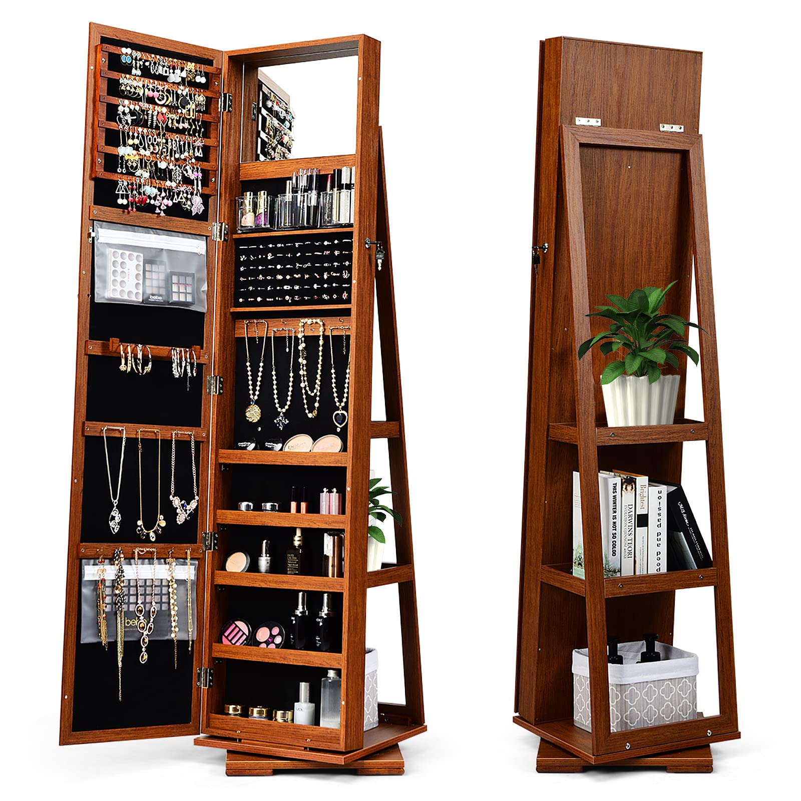 Giantex 360 Rotating Mirrored Jewelry Cabinet, Free Standing Jewelry Armoire, Full Length Mirror
