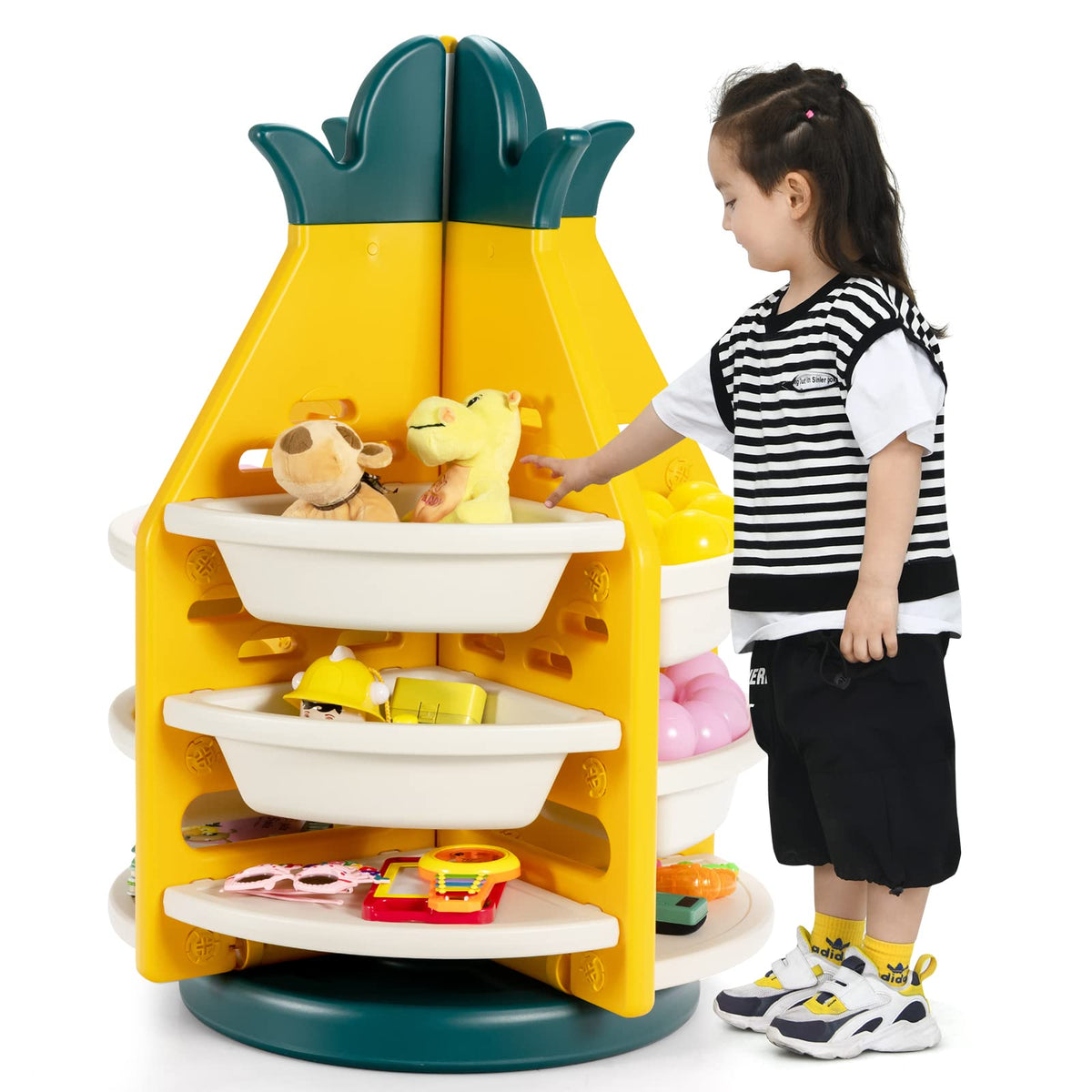 Kids Rotating Toy Storage Organizer, 3-Tier Pineapple Toy Shelf Bookcase w/ 8 Plastic Bins & 4 Shelves, 360°Revolving, Yellow & Green & White