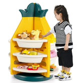 Kids Rotating Toy Storage Organizer, 3-Tier Pineapple Toy Shelf Bookcase w/ 8 Plastic Bins & 4 Shelves, 360°Revolving, Yellow & Green & White
