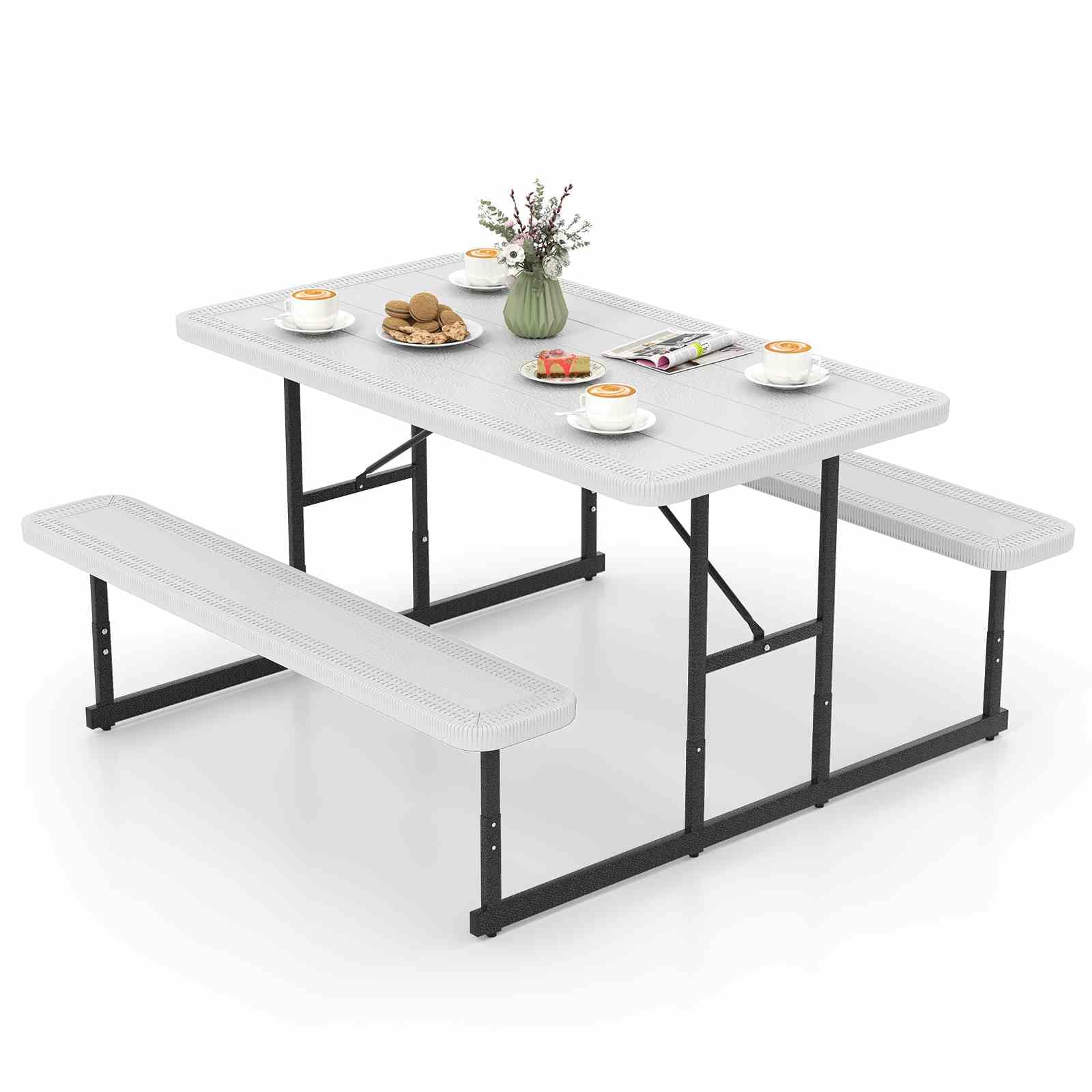 Outdoor Rectangular Camping Dining Table & 2 Benches w/Umbrella Hole