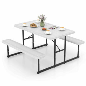 Outdoor Rectangular Camping Dining Table & 2 Benches w/Umbrella Hole
