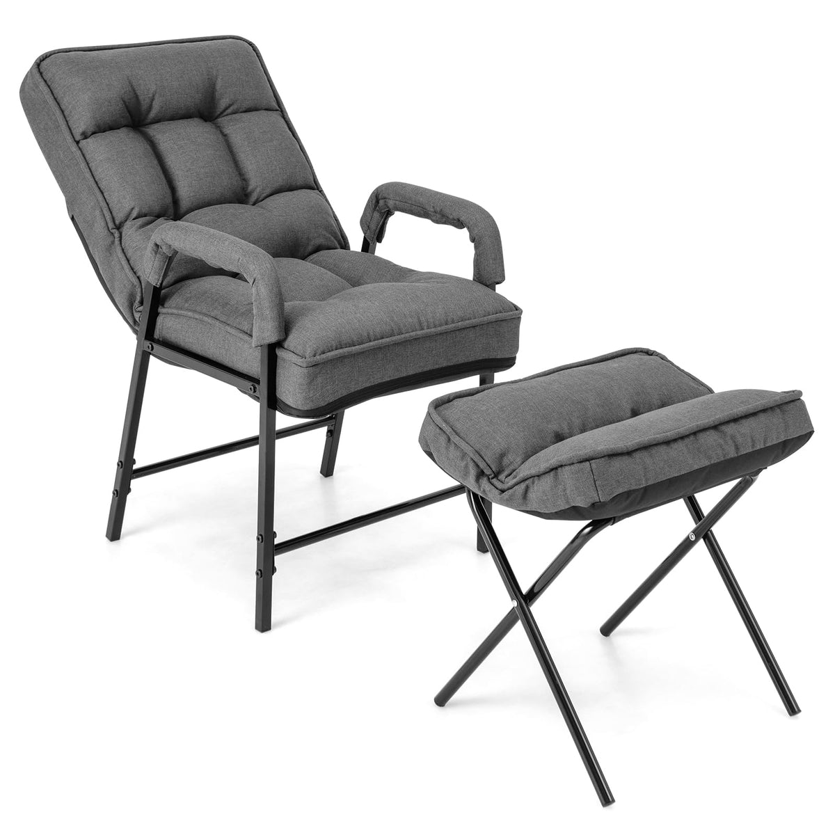 Giantex Modern Accent Chair w/Ottoman, Linen Fabric Arm Chair w/Adjustable Backrest & Solid Metal Frame