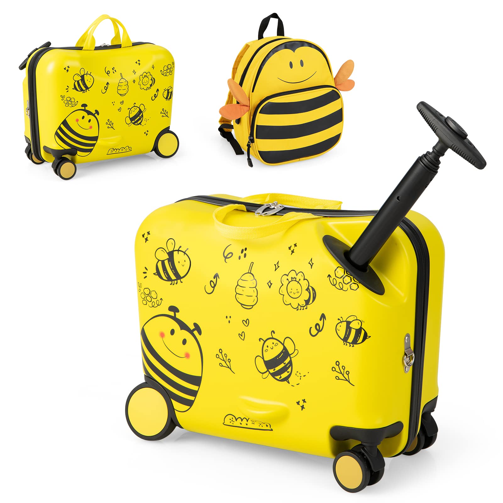 2 PCS Kid Luggage Set W/Spinner Wheels, 18" Ride-on & Carry-on & Sit-on Suitcase & 12" Backpack Set W/Lanyard for Pull & Prevent Loss