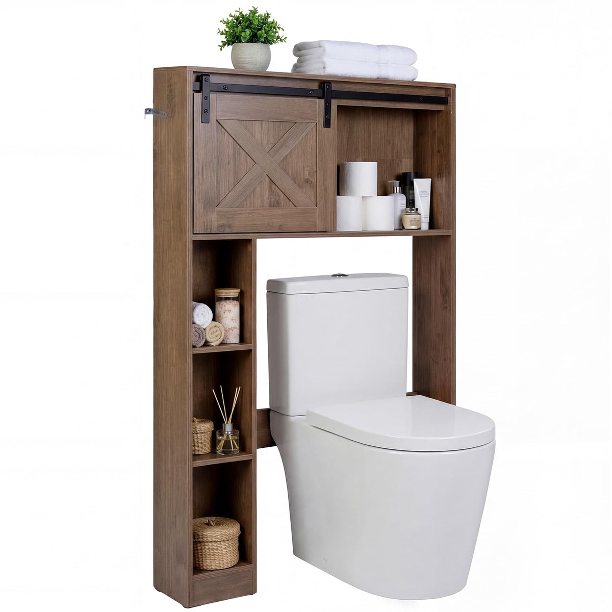 Over The Toilet Storage Cabinet, Freestanding Bathroom Organizer with Sliding Barn Door & Shelves