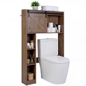 Over The Toilet Storage Cabinet, Freestanding Bathroom Organizer with Sliding Barn Door & Shelves