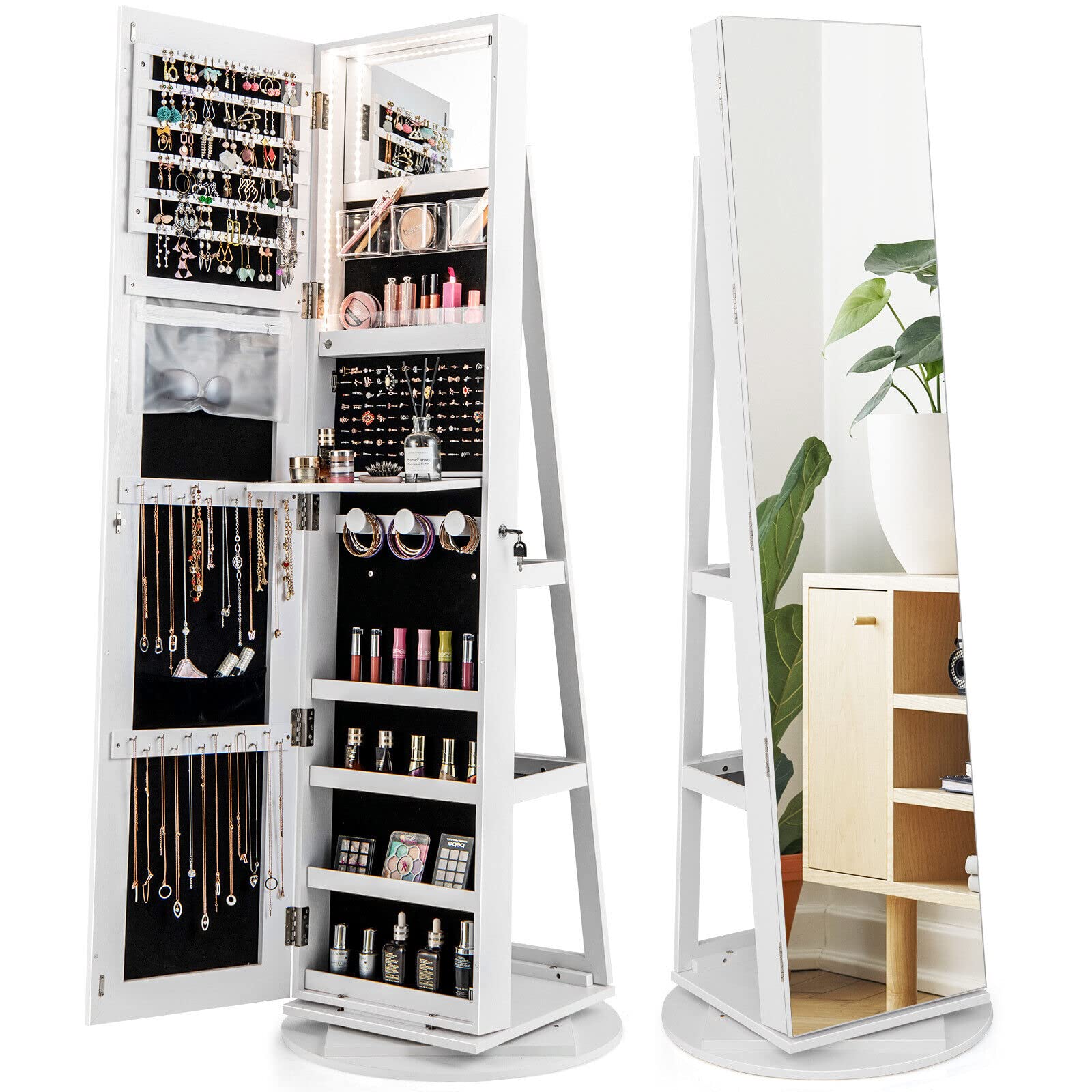Giantex 161CM(H) Jewelry Armoire with Full Length Mirror 360° Swivel, 3-Color LED lights