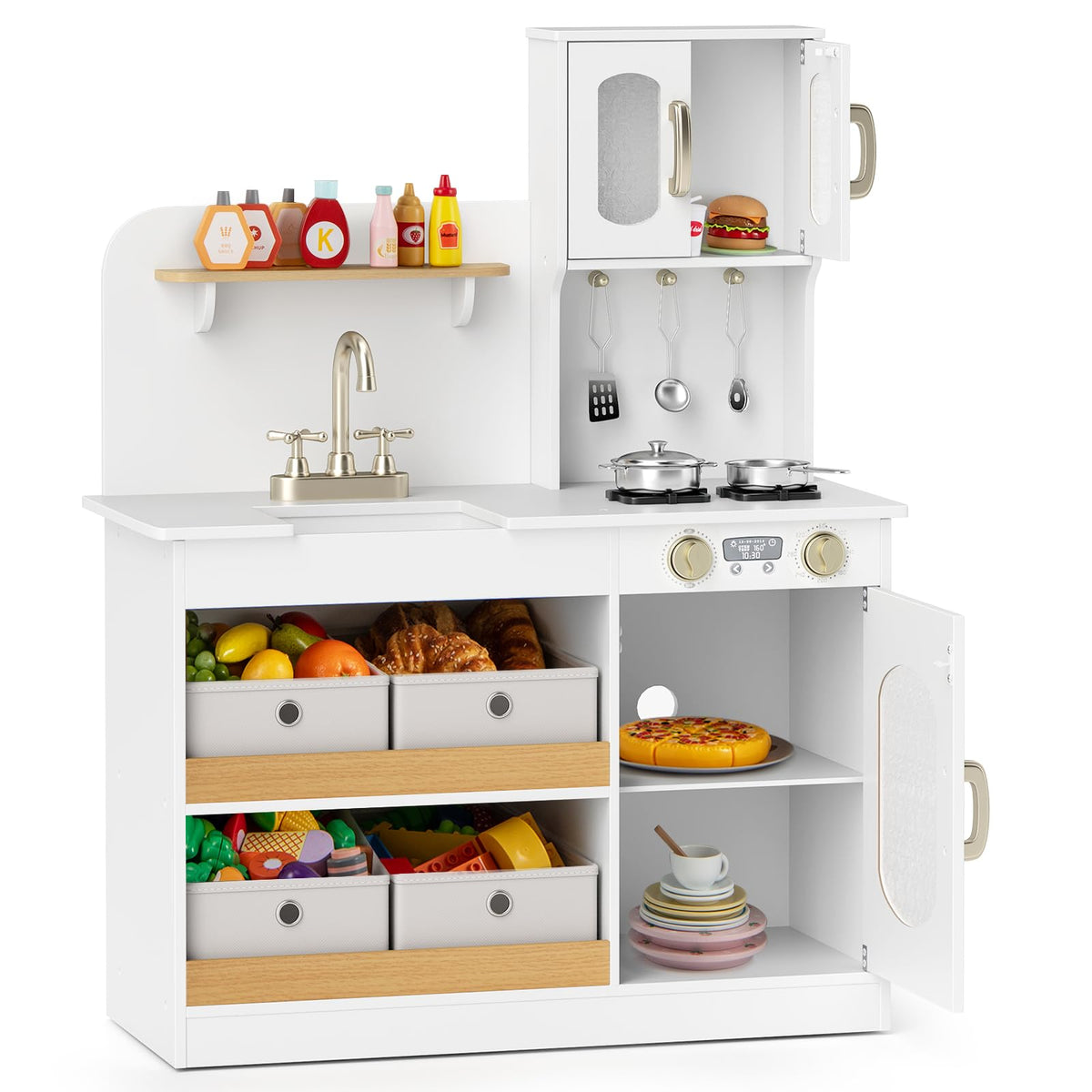 Play Kitchen for Kids with Storage, Wooden Toy Kitchen Set w/4 Storage Bins