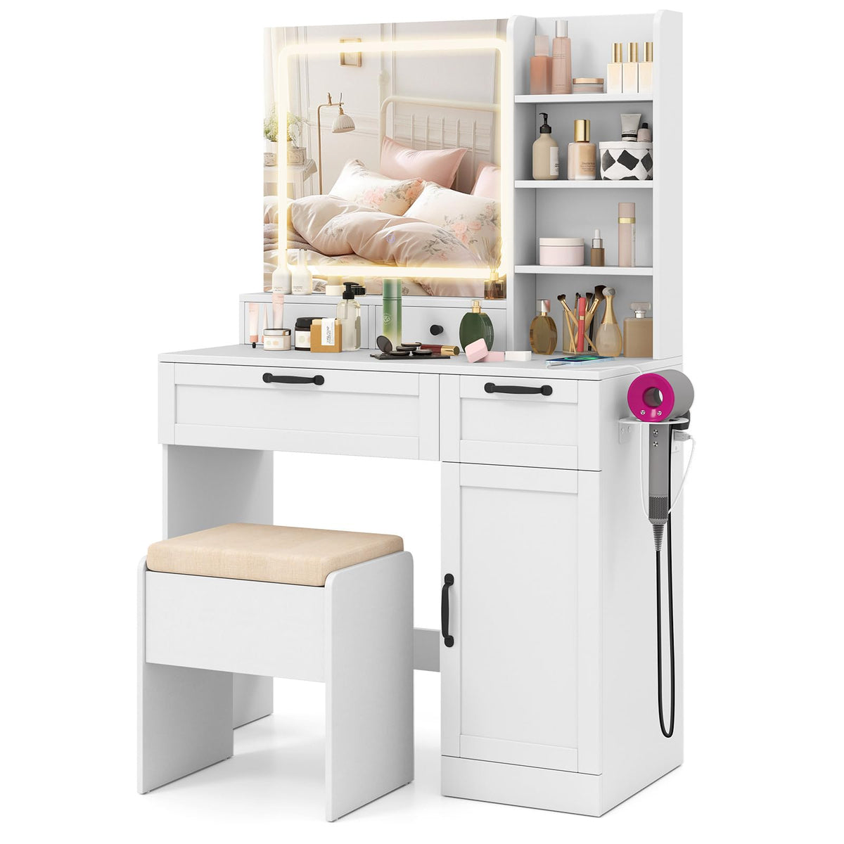 Giantex Vanity Set with Mirror and Lights, Dressing Table and Chair Set w/ 3 Lighting Modes & Adjustable Brightness