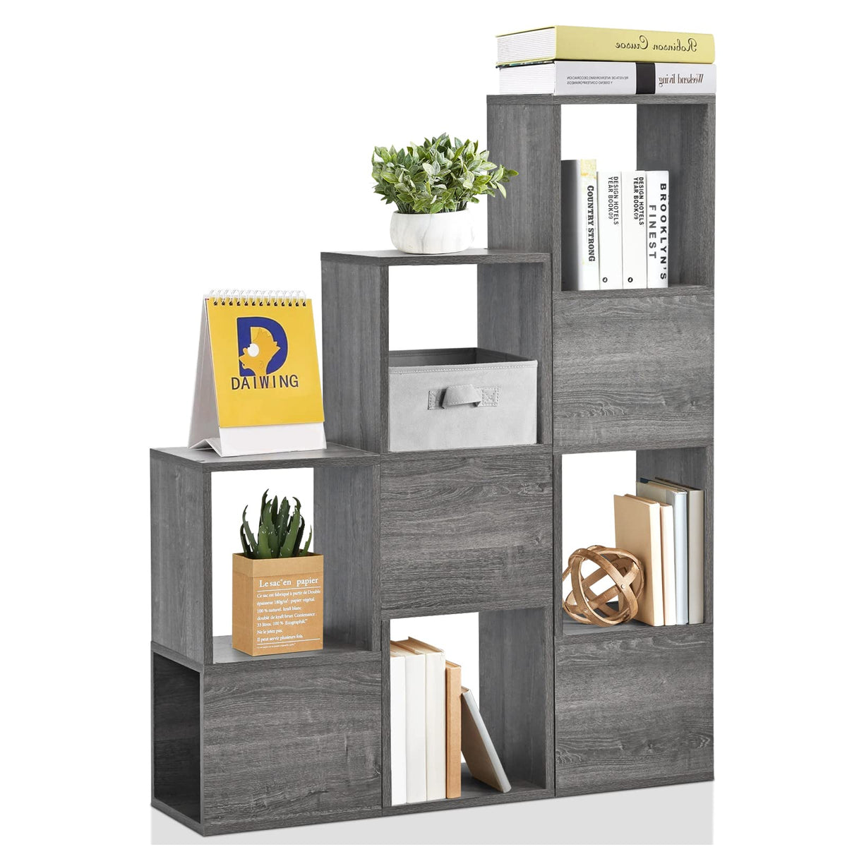 Giantex Wooden 9-Cube Bookcase, Free Combination Bookshelf, Multifunctional Storage Organizer, Grey