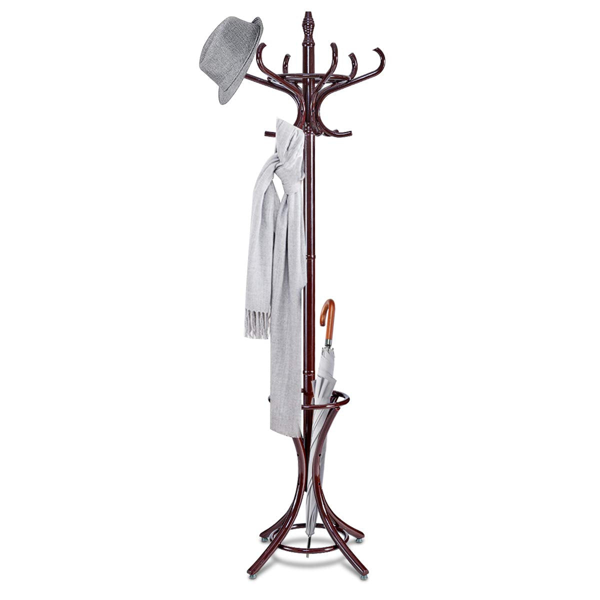 Coat Rack, Free Standing Coat Rack, Solid Wood Coat Tree w/ 12 Hooks & Umbrella Holder, Solid Wood Structure, Stable Base, Standing Rack for Hallway