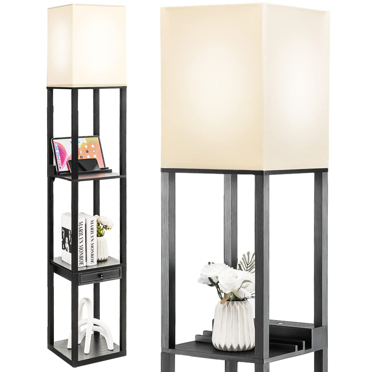 Modern Shelf Floor Lamp, Dimmable Standing Lamp Shelf w/ 1 Drawer & 1 USB Port