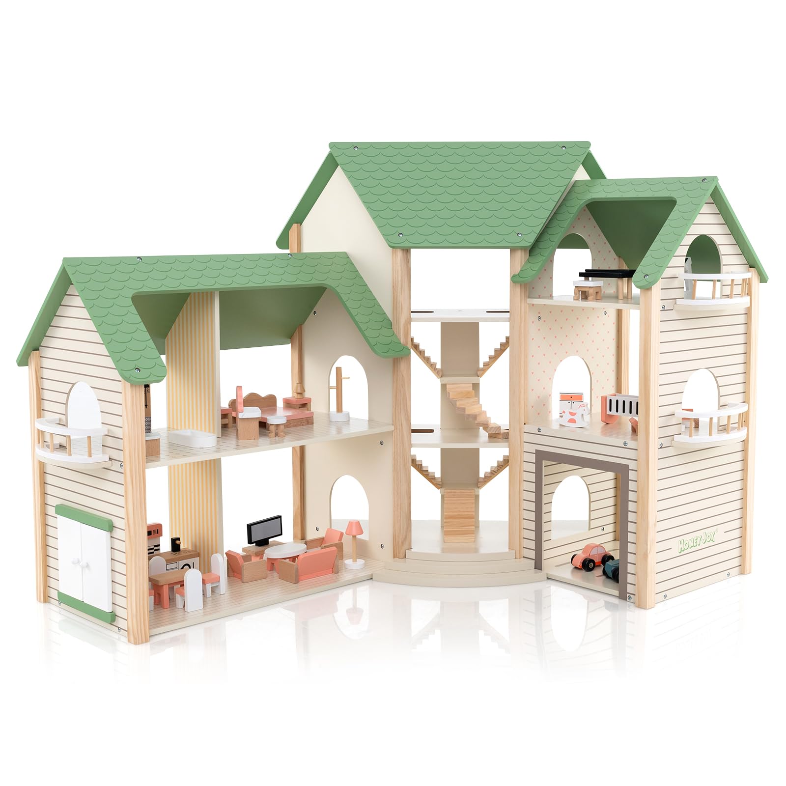 HONEY JOY Wooden Corner Dollhouse Playset, Green Roof Doll House with 34 Pieces of Furniture and Accessories