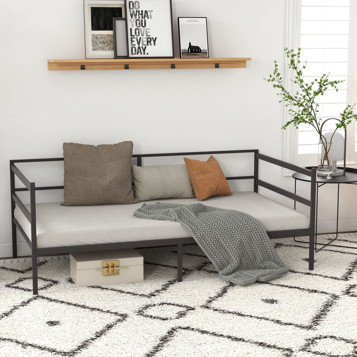 Metal Twin Daybed Frame, Day Bed w/Heavy-Duty 16 Slats Support & 11" Storage Clearance